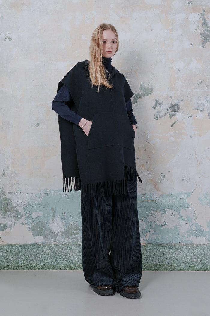 Goen.j Double-faced Wool-blend Fringed Hood Poncho NAVY
