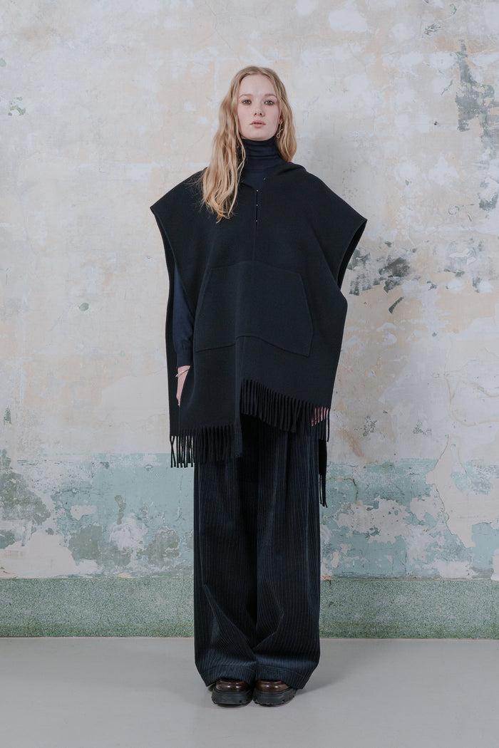 Goen.j Double-faced Wool-blend Fringed Hood Poncho NAVY