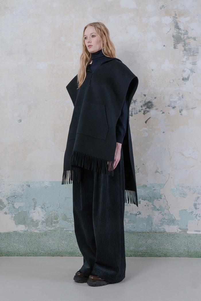 Goen.j Double-faced Wool-blend Fringed Hood Poncho NAVY