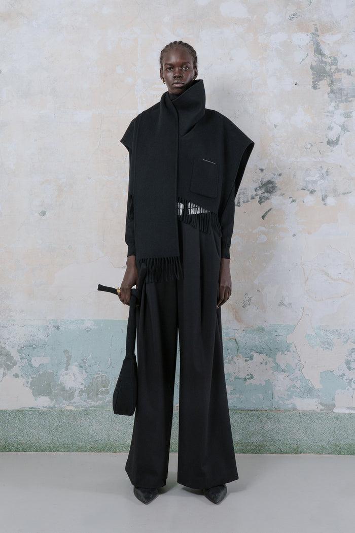 Goen.j Double-faced Wool-blend Fringed Muffler Poncho BLACK