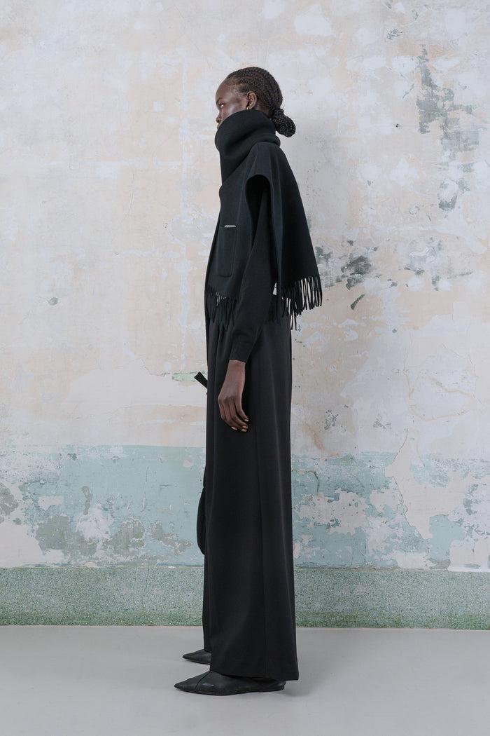 Goen.j Double-faced Wool-blend Fringed Muffler Poncho BLACK