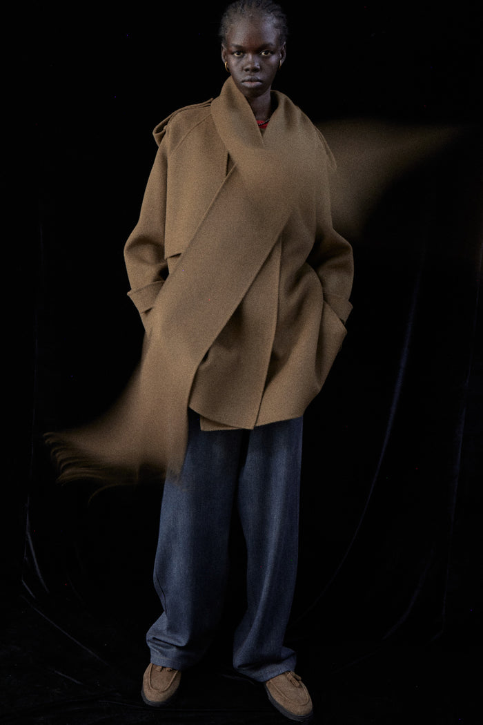 goen.j Double-faced wool-blend muffler-collared longline jacket BROWN