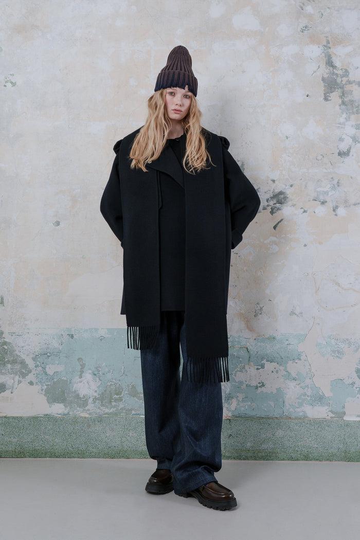 goen.j Double-faced wool-blend muffler-collared longline jacket NAVY