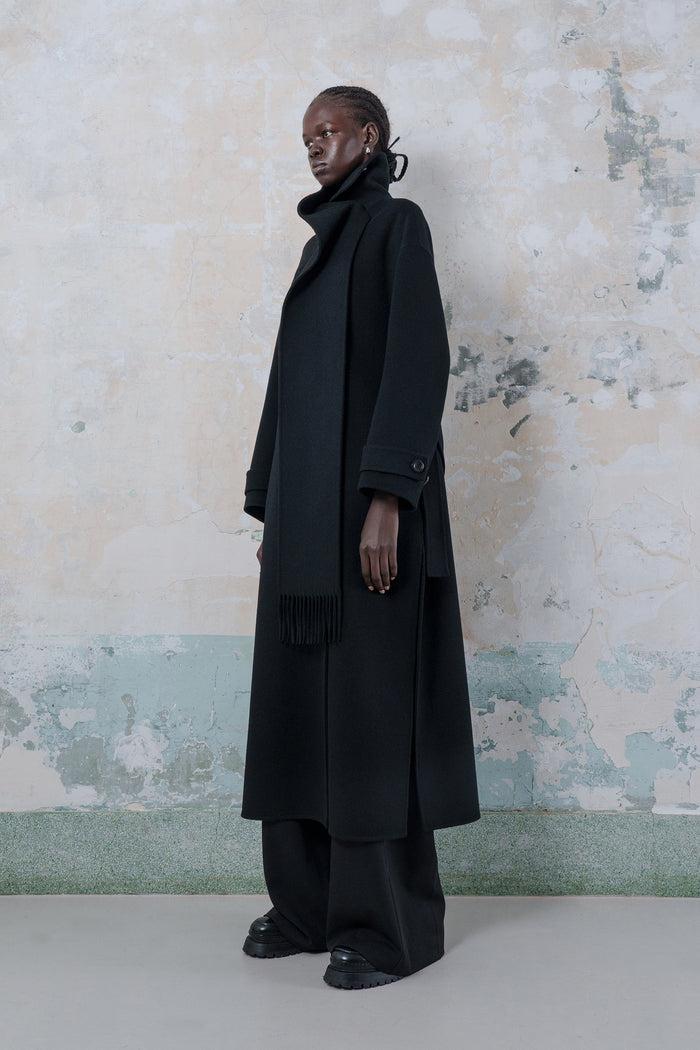 Goen.j Double-faced Wool-blend One-side Muffler Coat BLACK