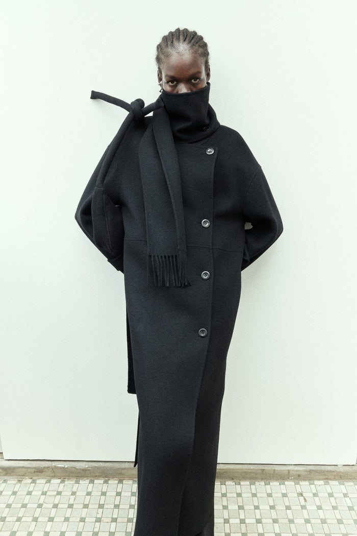 goen.j Double-faced wool-blend one-side muffler coat BLACK