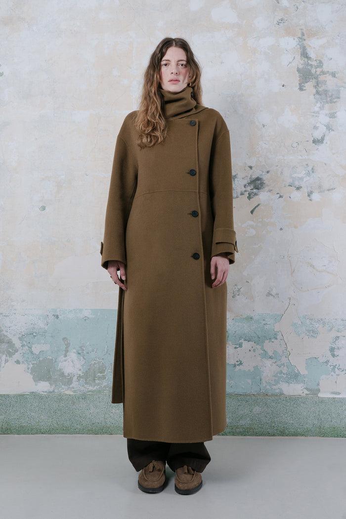 Goen.j Double-faced Wool-blend One-side Muffler Coat BROWN