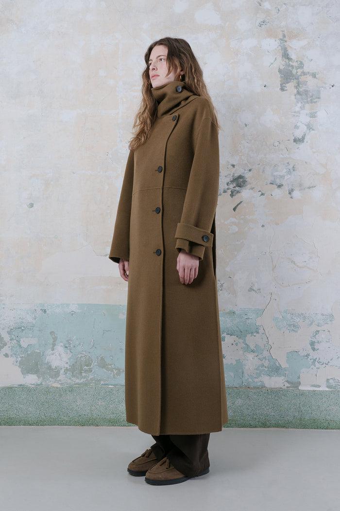 Goen.j Double-faced Wool-blend One-side Muffler Coat BROWN