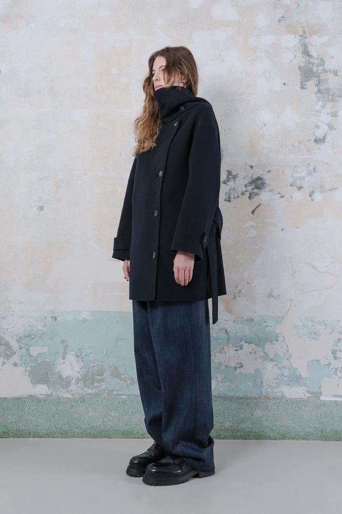 Goen.j Double-faced Wool-blend One-side Muffler Longline Jacket NAVY