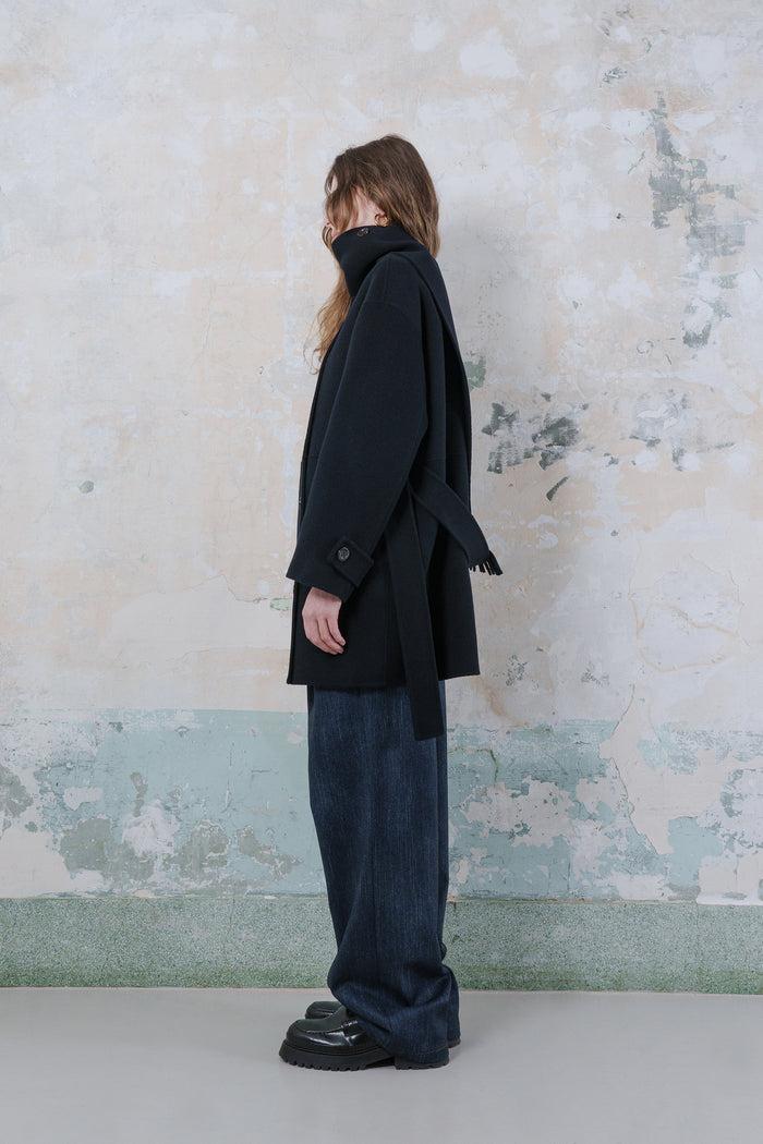 Goen.j Double-faced Wool-blend One-side Muffler Longline Jacket NAVY