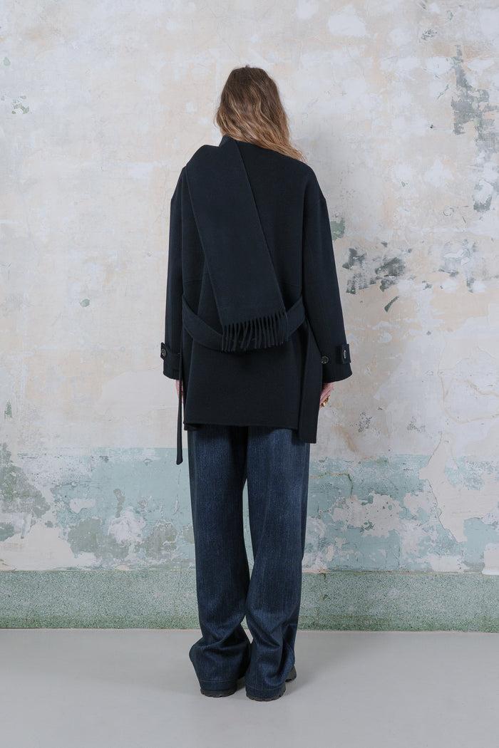 Goen.j Double-faced Wool-blend One-side Muffler Longline Jacket NAVY