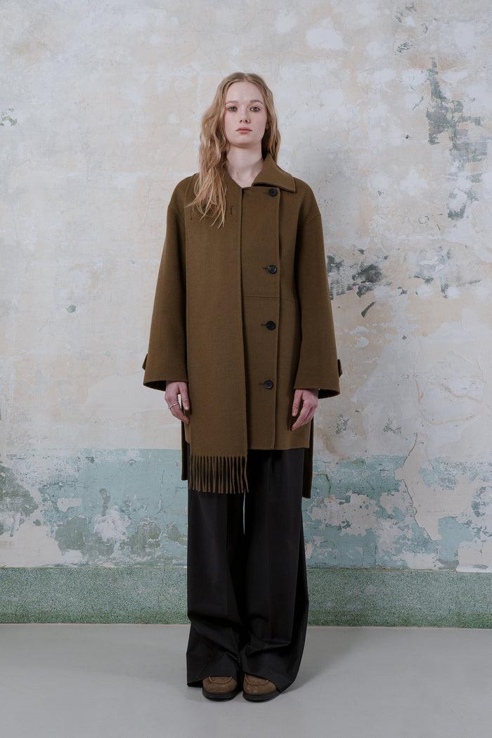 Goen.j Double-faced Wool-blend One-side Muffler Longline Jacket BROWN