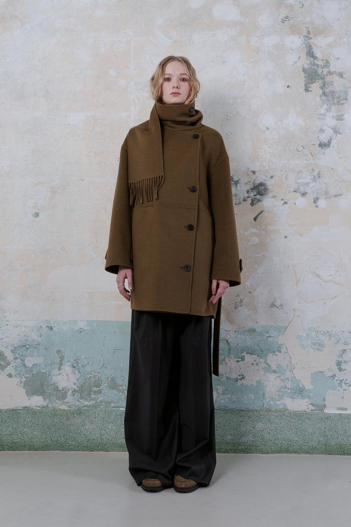 Goen.j Double-faced Wool-blend One-side Muffler Longline Jacket BROWN