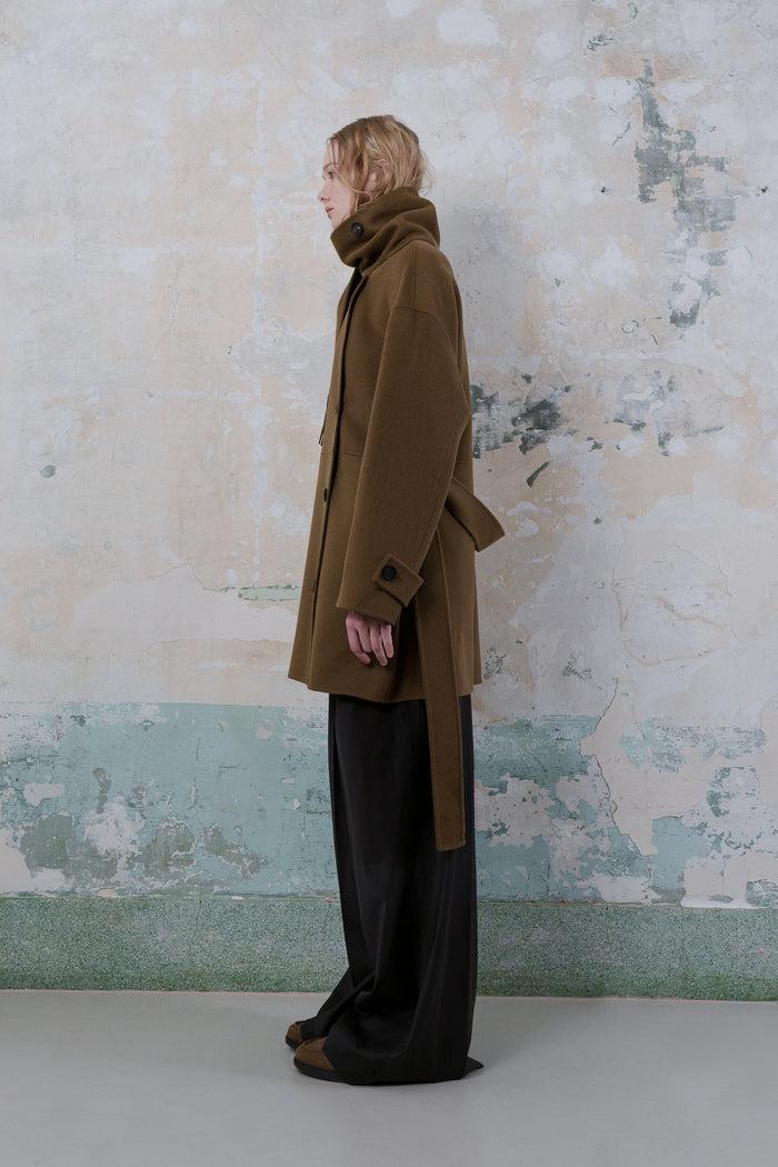 Goen.j Double-faced Wool-blend One-side Muffler Longline Jacket BROWN
