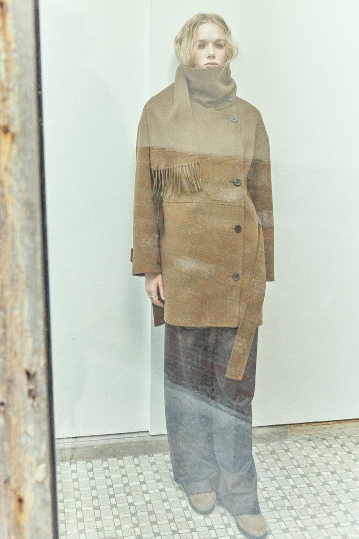 goen.j Double-faced wool-blend one-side muffler longline jacket BROWN