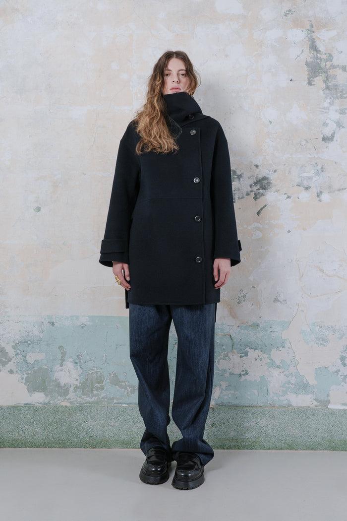 goen.j Double-faced wool-blend one-side muffler longline jacket NAVY