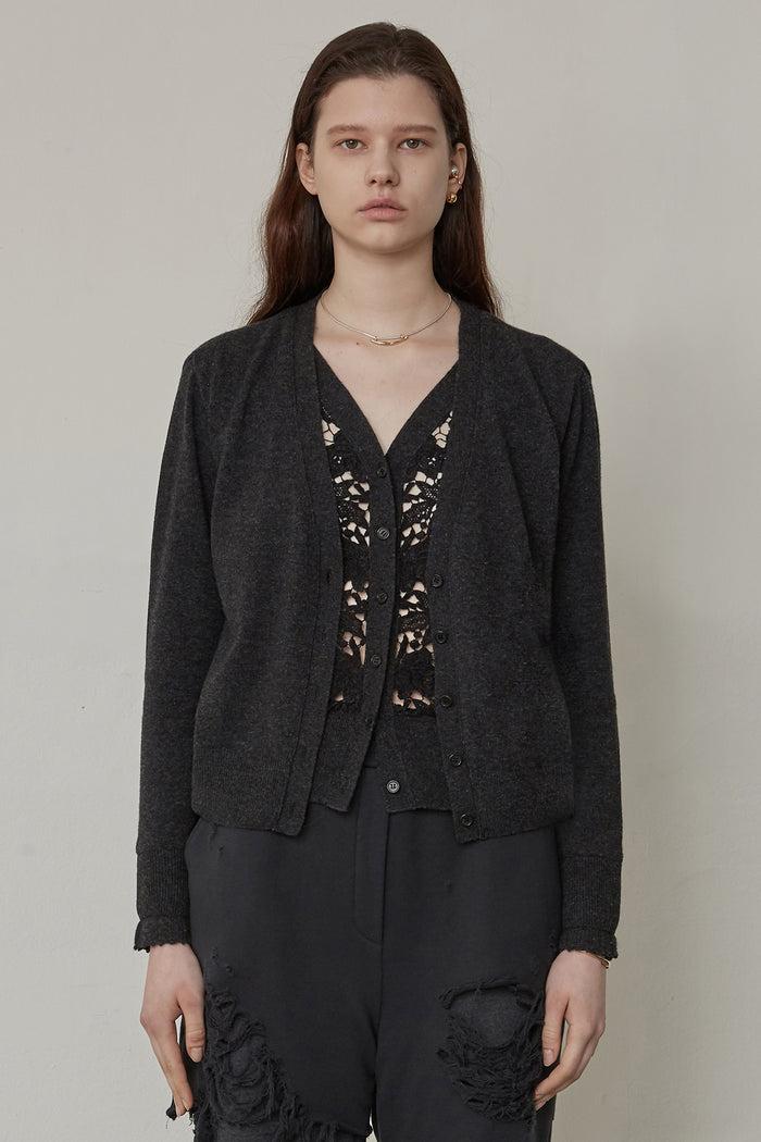 Goen.j Double-layer Lace And Wool-blend Knit Cardigan CHARCOAL