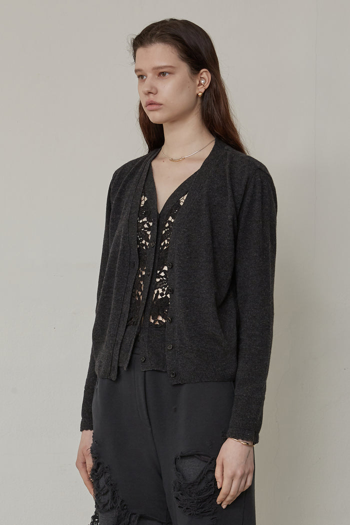 Goen.j Double-layer Lace And Wool-blend Knit Cardigan CHARCOAL