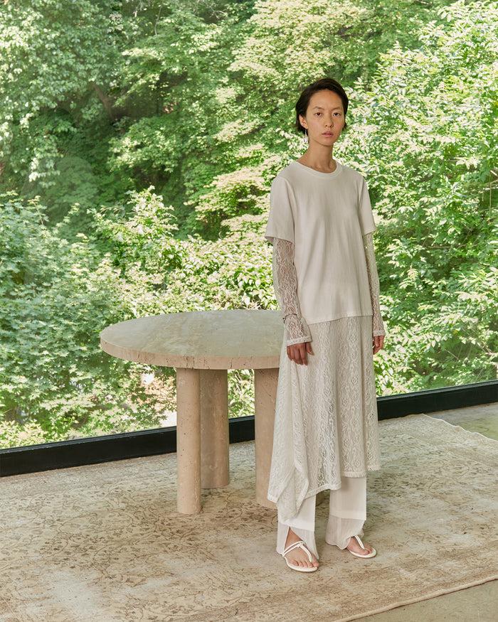 goen.j Double-layered crochet knitted lace and cotton jersey top dress IVORY