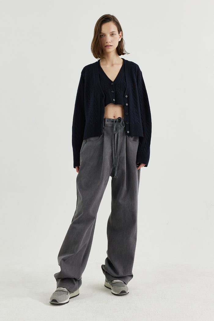 Goen.j Double-layered Cropped Front Panel And Cable Knit Cardigan NAVY