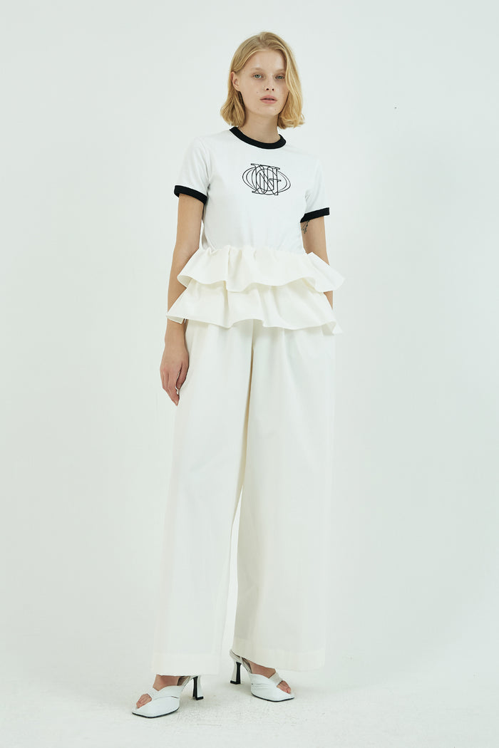Goen.j Double Layered Ruffle-trimmed Wide-leg Twill Pants IVORY