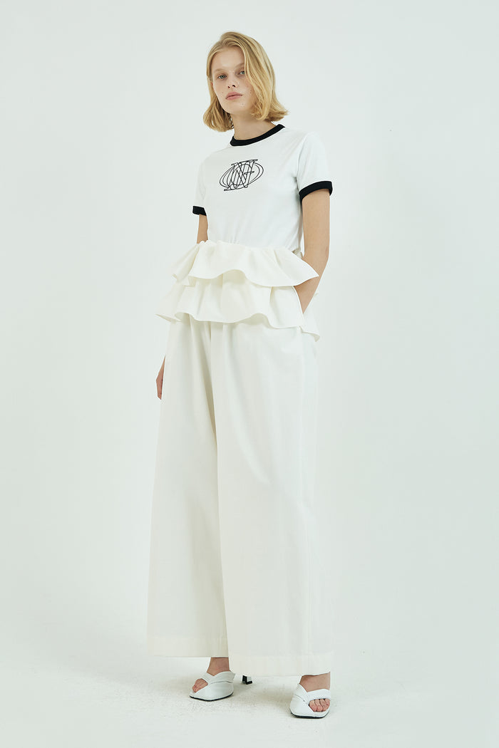 Goen.j Double Layered Ruffle-trimmed Wide-leg Twill Pants IVORY