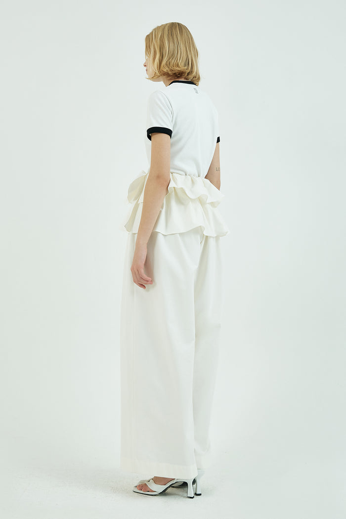 Goen.j Double Layered Ruffle-trimmed Wide-leg Twill Pants IVORY