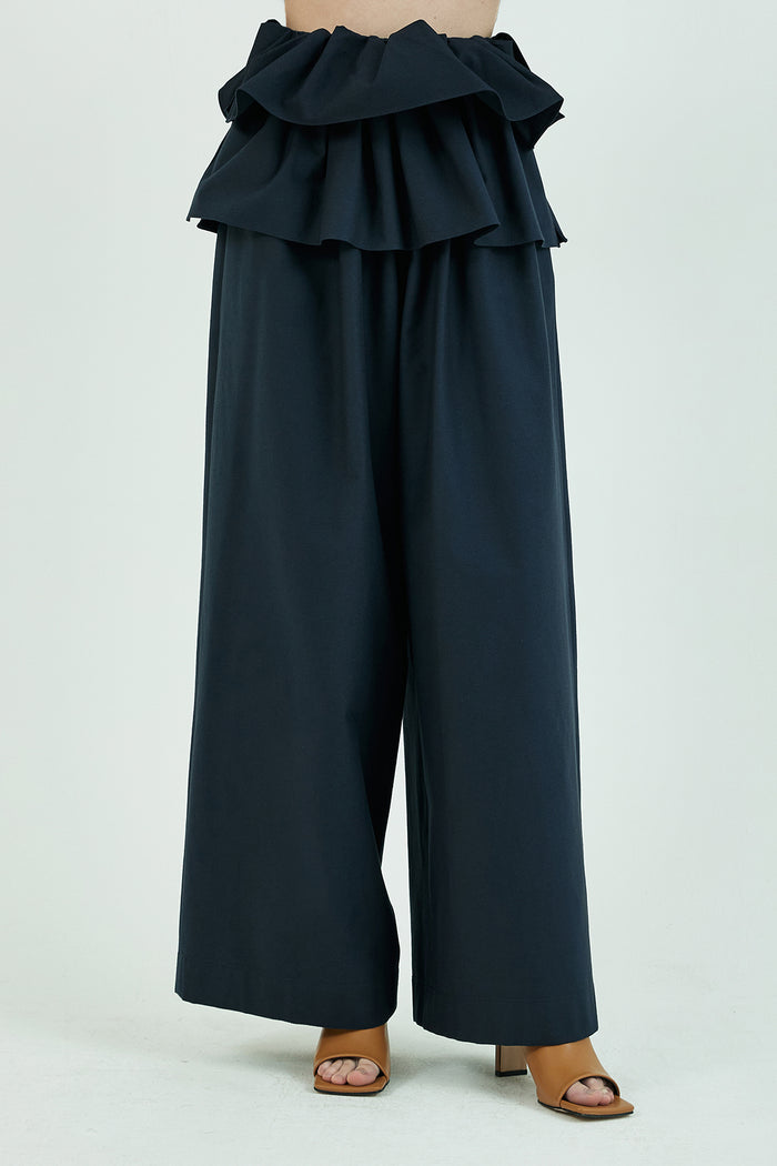 Goen.j Double Layered Ruffle-trimmed Wide-leg Twill Pants NAVY