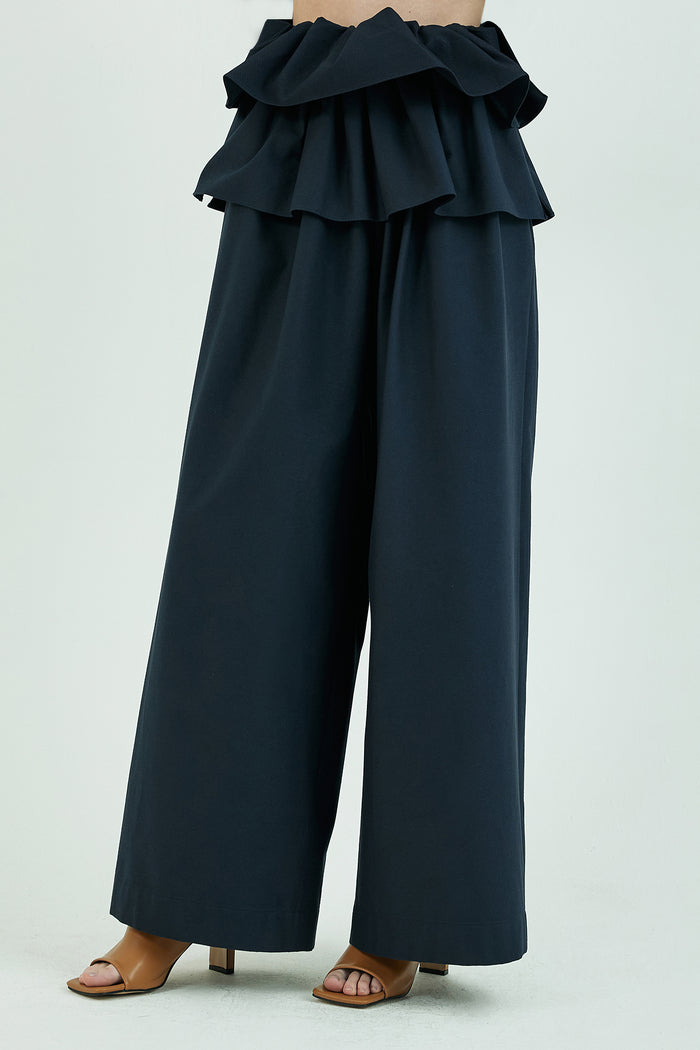 Goen.j Double Layered Ruffle-trimmed Wide-leg Twill Pants NAVY