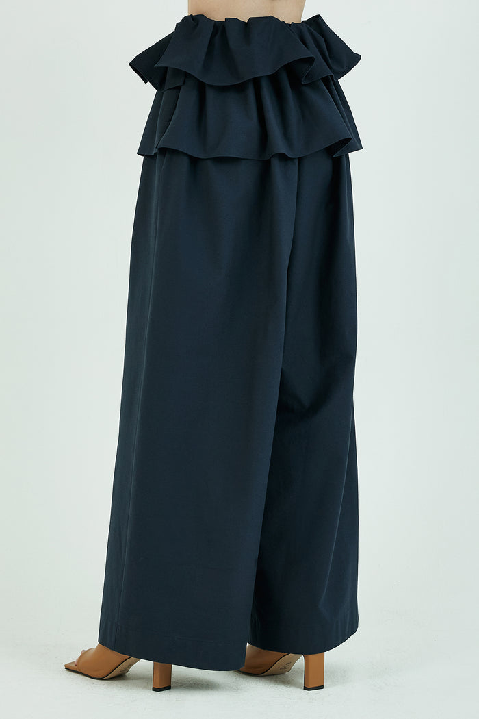 Goen.j Double Layered Ruffle-trimmed Wide-leg Twill Pants NAVY