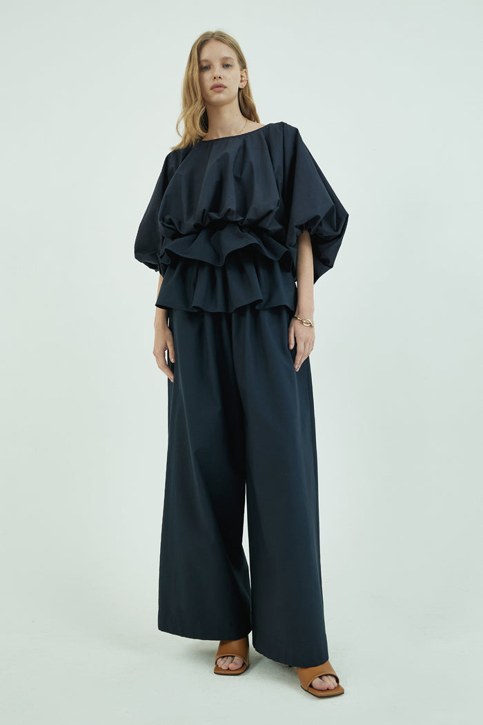 goen.j Double layered ruffle-trimmed wide-leg twill pants NAVY