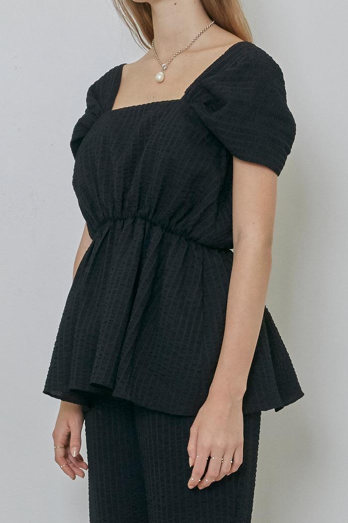 Goen.j Draped Shoulder Seersucker Gathered Top BLACK
