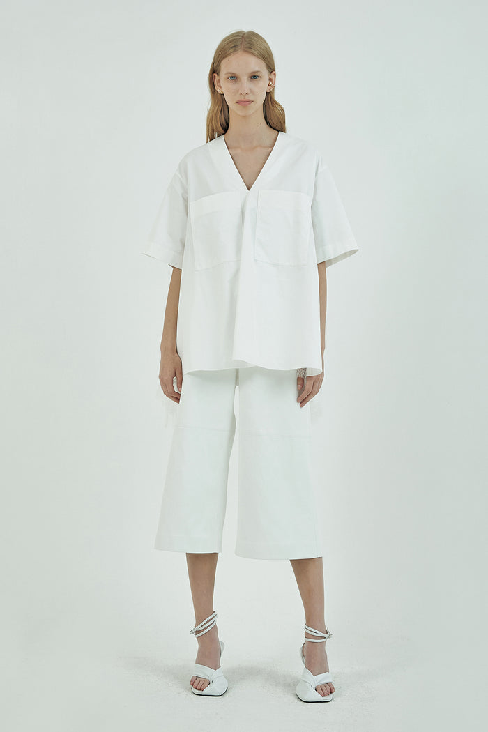 Goen.j Embellished Lace-trimmed Draped Short-sleeve Blouse IVORY