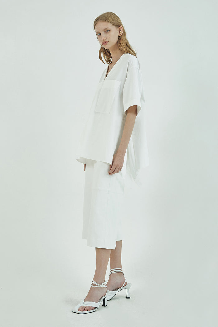 Goen.j Embellished Lace-trimmed Draped Short-sleeve Blouse IVORY