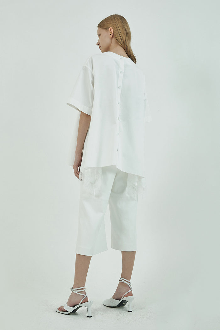 Goen.j Embellished Lace-trimmed Draped Short-sleeve Blouse IVORY