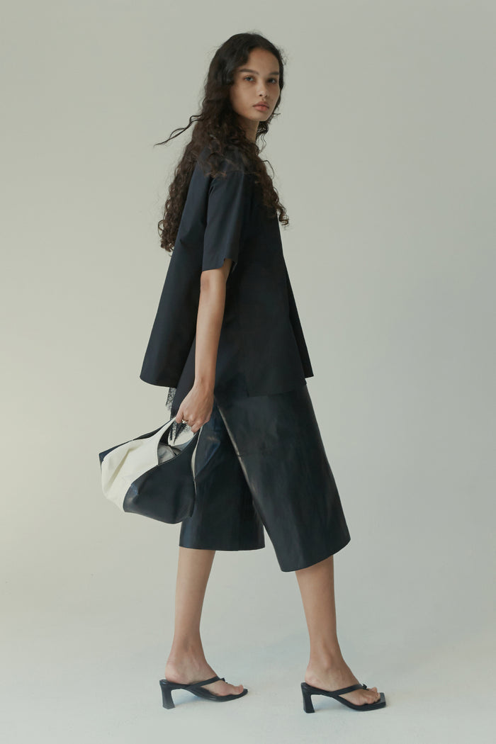 Goen.j Embellished Lace-trimmed Draped Short-sleeve Blouse BLACK