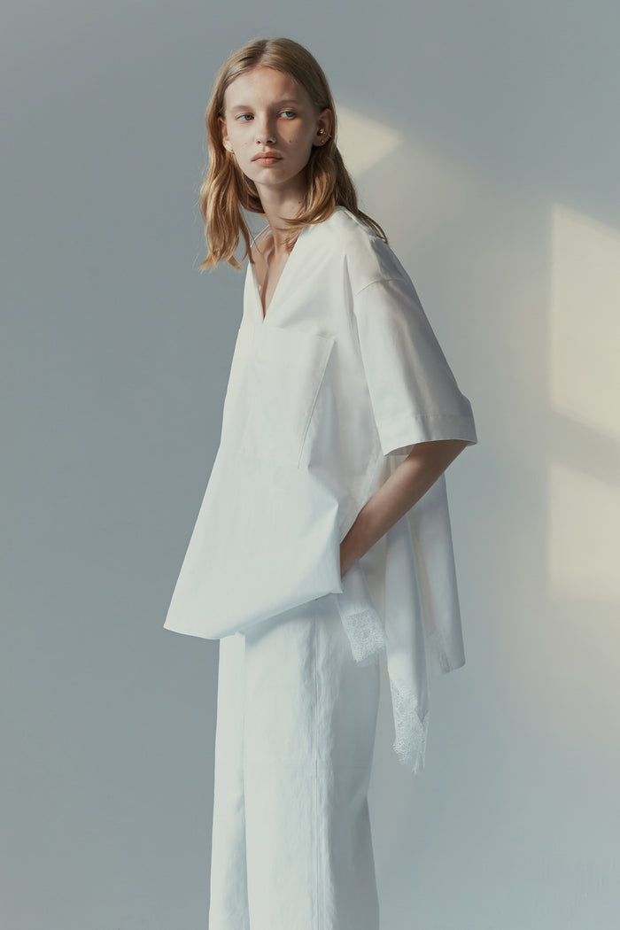 goen.j Embellished lace-trimmed draped short-sleeve blouse IVORY