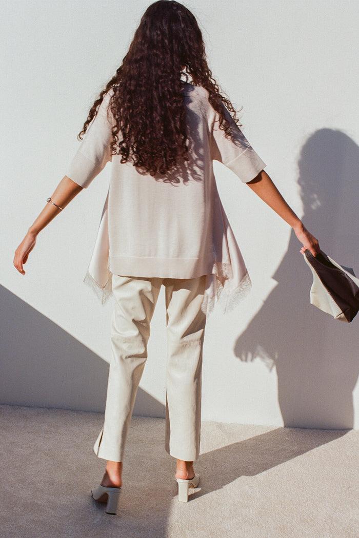 Goen.j Embellished Lace-trimmed Draped V-neck Short-sleeved Sweater Cream CREAM