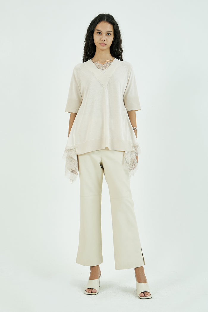 Goen.j Embellished Lace-trimmed Draped V-neck Short-sleeved Sweater Cream CREAM