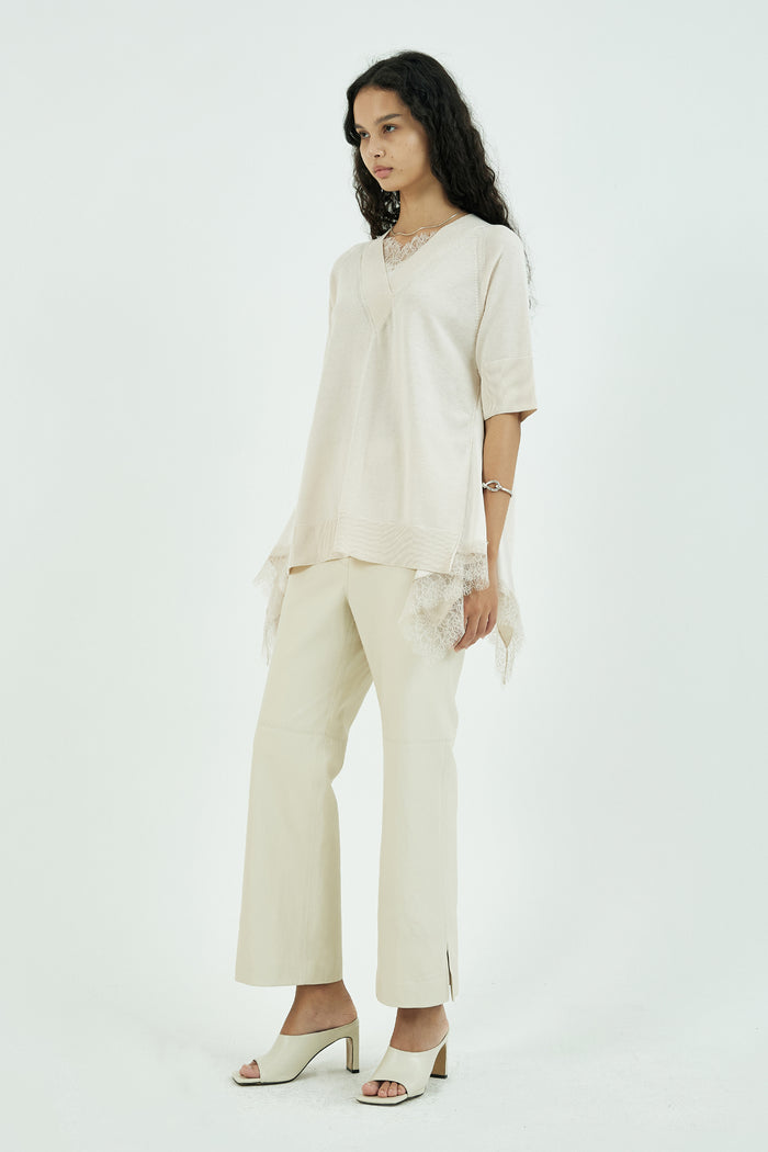 Goen.j Embellished Lace-trimmed Draped V-neck Short-sleeved Sweater Cream CREAM