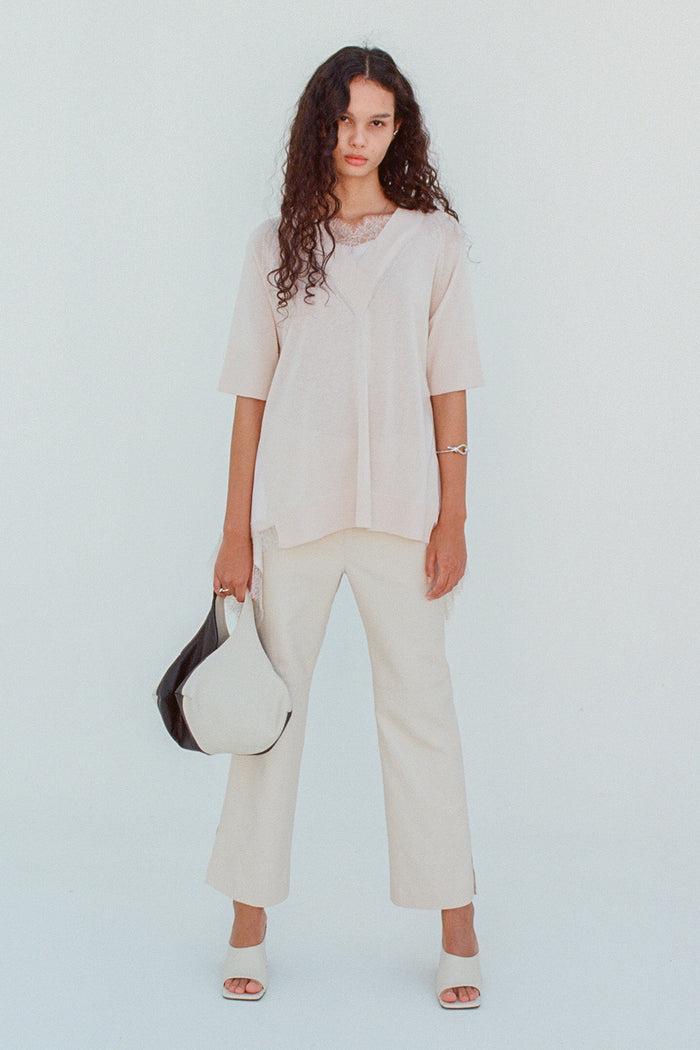 goen.j Embellished lace-trimmed draped V-neck short-sleeved sweater Cream CREAM