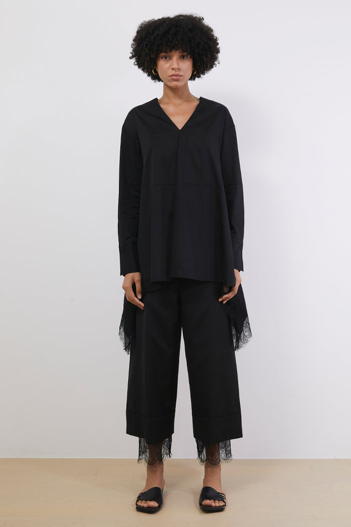 Goen.j Embellished Lace-trimmed V-neck Cotton Shirts BLACK