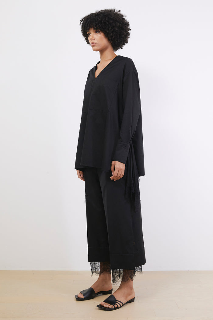 Goen.j Embellished Lace-trimmed V-neck Cotton Shirts BLACK