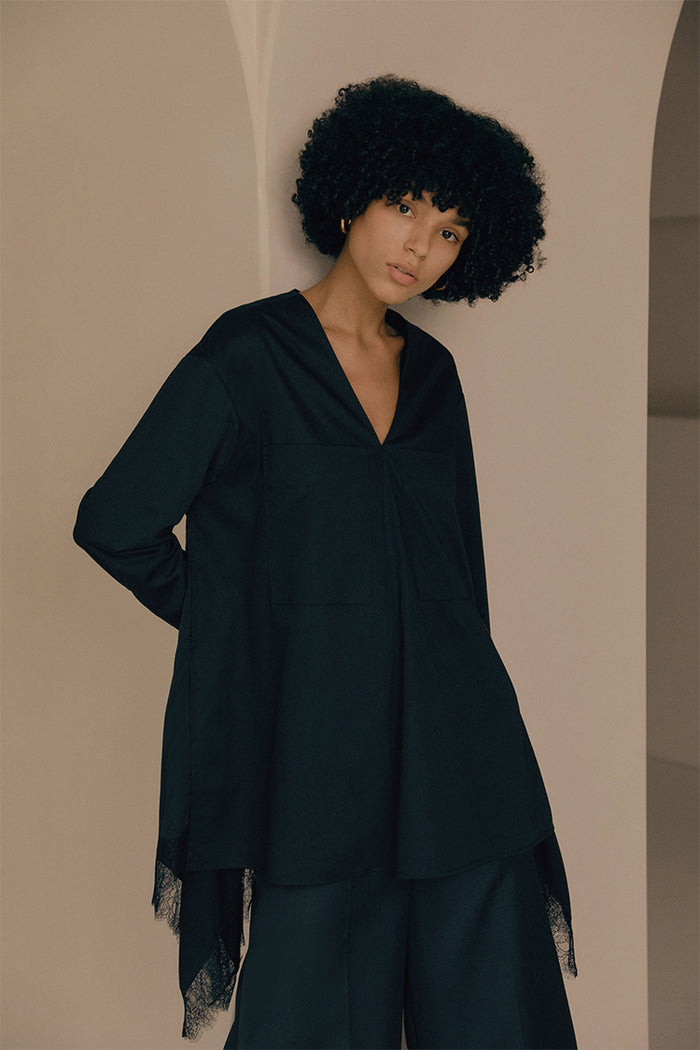 goen.j Embellished lace-trimmed V-neck cotton shirts BLACK