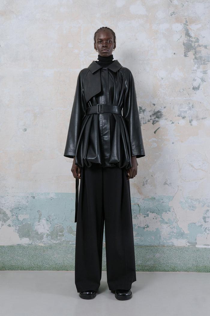 Goen.j Exaggerated Vegan Leather Trench Jacket BLACK