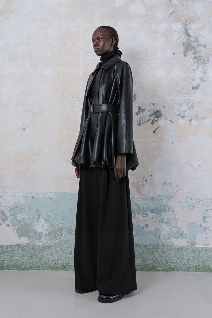 Goen.j Exaggerated Vegan Leather Trench Jacket BLACK