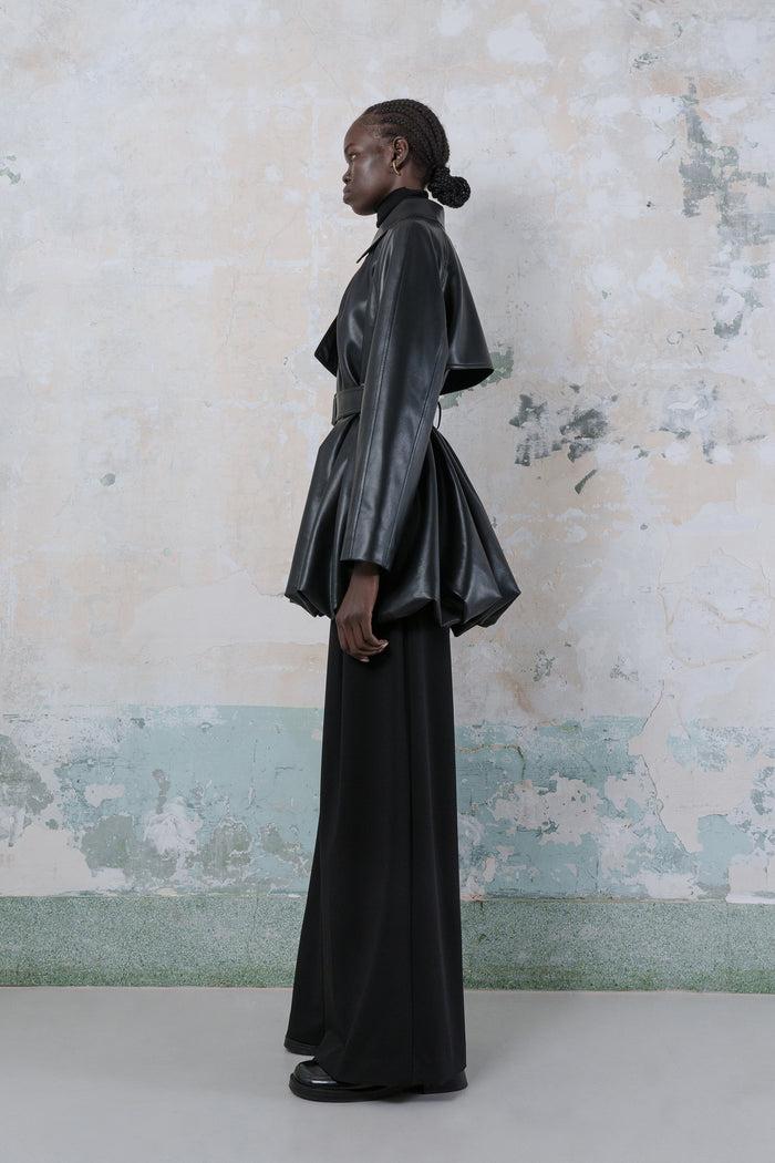 Goen.j Exaggerated Vegan Leather Trench Jacket BLACK