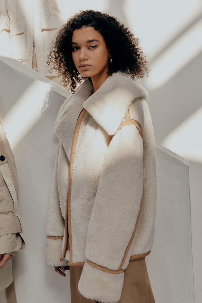 goen.j Faux shearling suede wool-blend aviator jacket CREAM