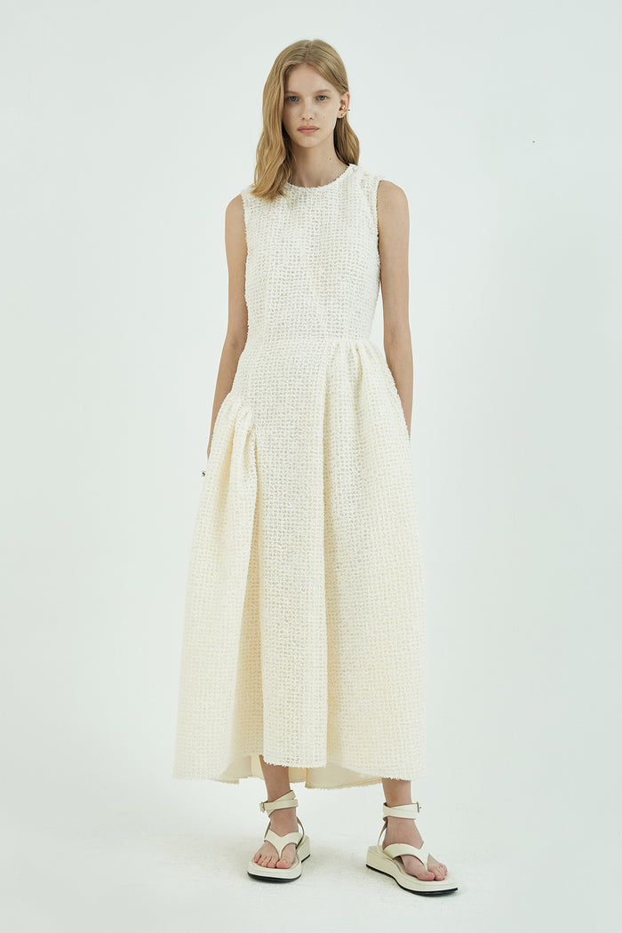 Goen.j Feather-trim Brocade Floral Lace Ruched Maxi Sleeveless Dress CREAM