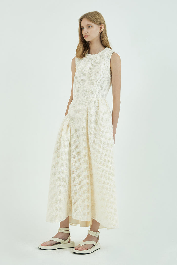 Goen.j Feather-trim Brocade Floral Lace Ruched Maxi Sleeveless Dress CREAM