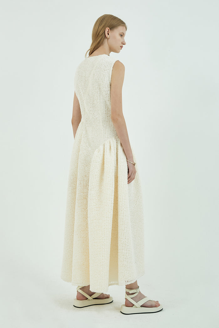 Goen.j Feather-trim Brocade Floral Lace Ruched Maxi Sleeveless Dress CREAM